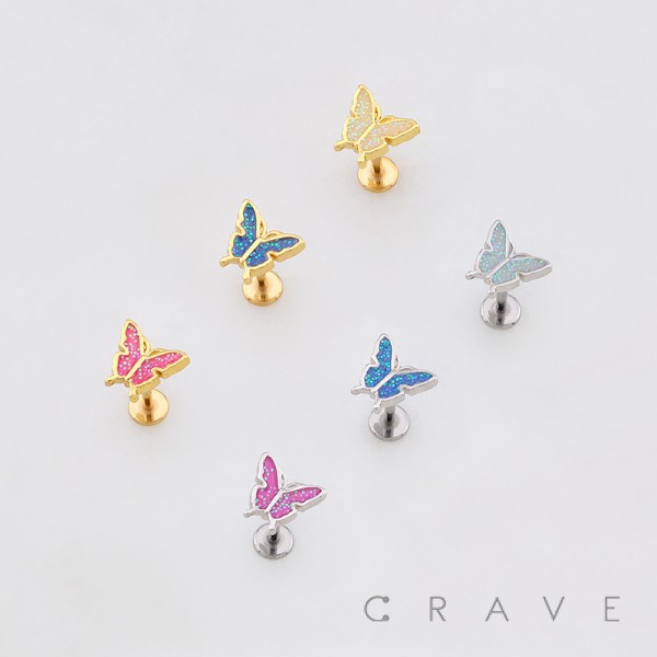 SPARKLING BUTTERFLY GLITTER CHARM THREADLESS LABRET SET 316L SURGICAL STEEL